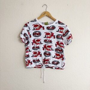 On Fire Red and White Blouse with Vintage Vehicle Print